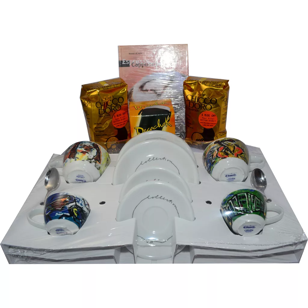 The Saeco Espresso and Cappuccino Cup Starter Kit includes four colorful espresso cups with matching saucers and spoons, two gold packets of Chicco d’Oro coffee, a box of chocolates, a coffee-themed book, all on a white tray. © 2025 1st-line.com