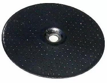 The Saeco Filter Screen - Bottom - Saeco Brew Group is a black metal disc with a central hole and small perforations, designed to fit the Saeco Brew Group for optimal coffee extraction. © 2025 1st-line.com