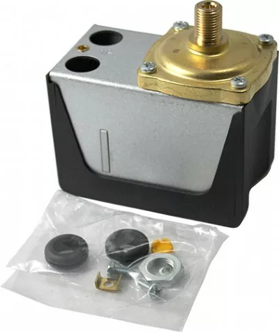 The Sirai P302 30A Pressurestat Pressure Switch features a brass top, two wiring holes, and a threaded connection, shown with installation hardware and rubber seals in a plastic bag in the foreground. © 2025 1st-line.com