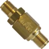 The Slayer 42000-10020 Expansion Valve - Mini is a brass valve with male threaded ends, designed to control flow direction in plumbing or pneumatic systems. © 2025 1st-line.com