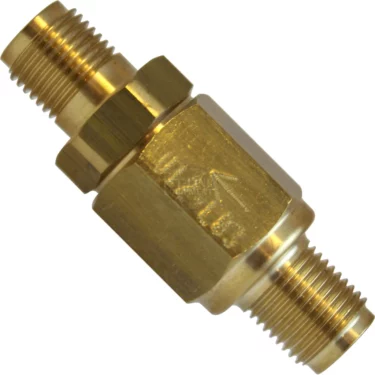 The Slayer 42000-10020 Expansion Valve - Mini is a brass valve with male threaded ends, designed to control flow direction in plumbing or pneumatic systems. © 2025 1st-line.com
