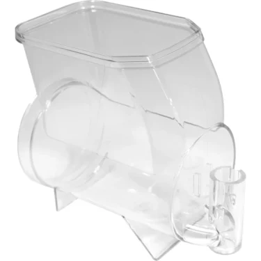 The SPM 02.NI0001.001 Bowl for Nina is made of clear plastic, has an angled design, wide top opening, circular side, and a small tube at the bottom front for easy dispensing of food or dry goods. © 2025 1st-line.com