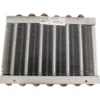 The SPM 02.NI0013.001 Condenser for Nina is a metal heat exchanger coil with copper tubes and parallel aluminum fins, featuring a label on top with manufacturer and product information. © 2025 1st-line.com