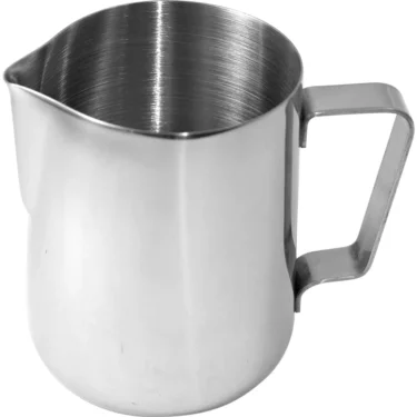 The Update International 20 fl oz (60 cl) Milk Frothing Pitcher, shown on a white background, features stainless steel construction, a small spout, and a sturdy handle. © 2025 1st-line.com