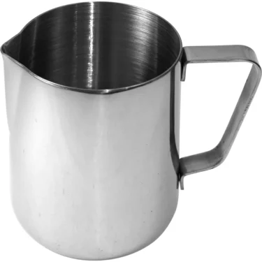 The Update International 33 fl oz (100 cl) Milk Frothing Pitcher is made of stainless steel and features a handle and spout, ideal for steaming and pouring milk for coffee. © 2025 1st-line.com