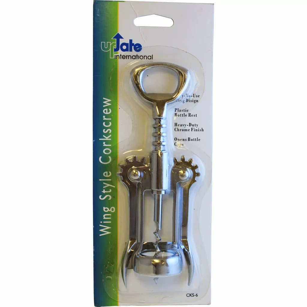 The Update International Wing Type Corkscrew is shown vertically on a display card. Packaging highlights include a heavy-duty chrome finish and cap opener, labeled Wing Style Corkscrew. © 2025 1st-line.com