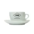 The VBM Cappuccino Cup & Saucer features a white ceramic cup with the black VBM logo and As once and never before text, placed on a matching saucer against a plain white background. © 2025 1st-line.com