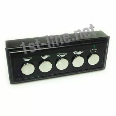 The VBM ELETPUL1LEDAL Dosage Touchpad is a black espresso machine control panel with five silver cup-icon buttons, a green indicator light at the top right, and features a 1st-line.net watermark in the background. © 2025 1st-line.com