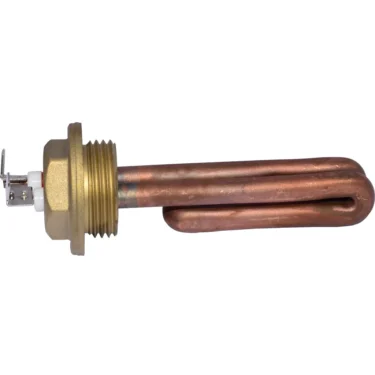 The VBM ELETRESD10011 1000W 110V Steam Boiler Heating Element features a copper build, brass threaded base, and dual electrical connectors, displayed on a white background. © 2025 1st-line.com