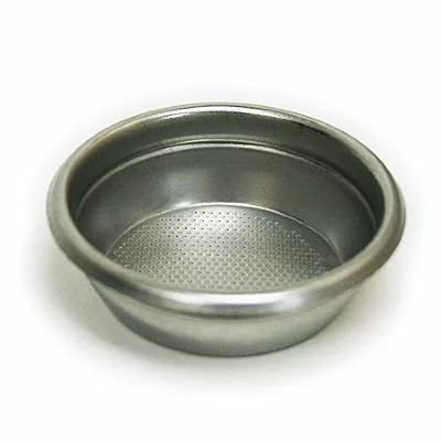 The VBM FILT2TB 2-Cup Filter Basket is a metal espresso portafilter basket with a perforated bottom for filtering coffee grounds, shown on a plain white background. © 2025 1st-line.com