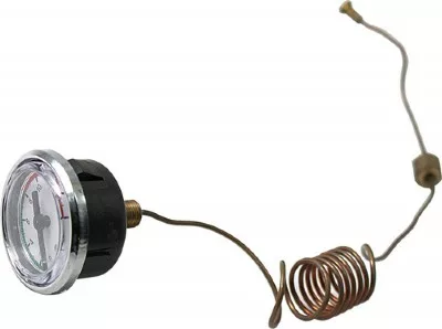 The VBM MANMDOE40016 Brew Pressure Gauge features a round analog dial and a long coiled metal sensor tube with threaded and VBM-specific fittings, shown isolated on a white background. © 2025 1st-line.com