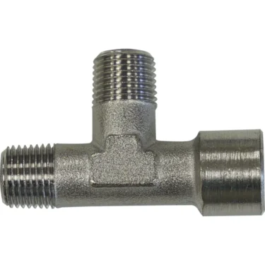 The VBM RACCTMMF465 1/8 T-Fitting M/M/F features two male and one female threaded ends, making it ideal for connecting three pipes together. © 2025 1st-line.com