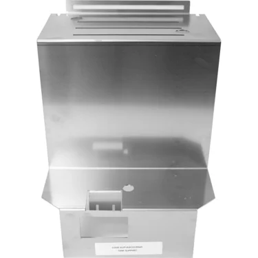 The VBM SUPVASCDOMSJU Tank/Reservoir Support is a stainless steel, wall-mounted dispenser with a front slot for glove or tissue dispensing and integrated reservoir support, displayed against a white background. © 2025 1st-line.com
