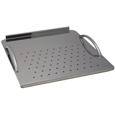 The VBM TELADOMSCON43 Top Cover / Panel is a rectangular stainless steel grill tray with perforated holes, raised edges, and two curved side handles, designed for versatile grilling and added convenience. © 2025 1st-line.com