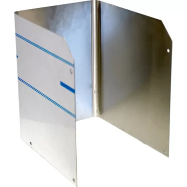 The VBM teladomsrinew Domobar Super Stainless Steel Body Panel is a folded, three-sided corner guard with angled edges, reflective surface, blue protective film, and corner mounting holes for VBM Domobar Super machines. © 2025 1st-line.com