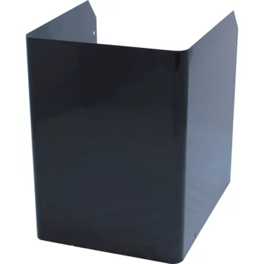 The VBM teladosurinnw Black Body Panel is a black rectangular metal cover with rounded corners on three sides and pre-drilled holes for mounting or attachment. © 2025 1st-line.com