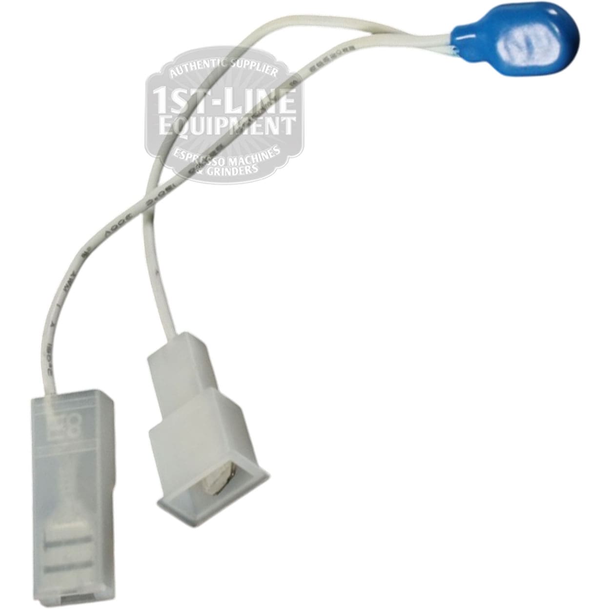 The VBM TERMPROTDOMSU 110 Degree Thermic Protection features two white electric wires with rectangular plastic connectors and a blue-capped sensor, designed for VBM equipment. Displayed on a white background. © 2025 1st-line.com