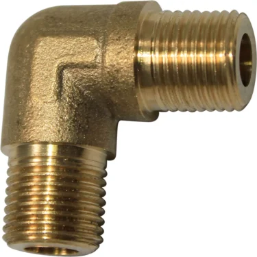 The VBM TUBICU18X18 Elbow Fitting is a brass 90-degree elbow with male threads on both ends, perfect for joining pipes at a right angle. © 2025 1st-line.com
