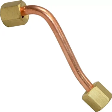 The VBM TUBIDOMPART3 Pipe / Tube is an S-shaped copper pipe with brass hexagonal fittings on both ends, designed for secure component connections. Shown against a white background. © 2025 1st-line.com