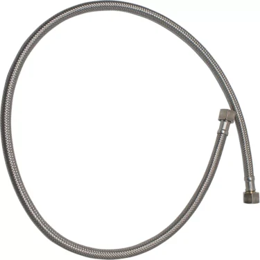 The VBM TUBIFLINLCOAL Stainless Steel Braided Short Hose features hexagonal connectors on both ends and forms a loose loop against a white background, making it ideal for various applications. © 2025 1st-line.com