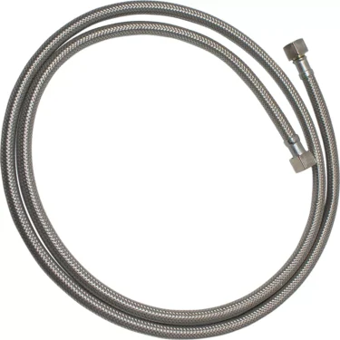 The VBM TUBIFLINLUAL Stainless Steel Braided Long Hose features hexagonal fittings at both ends and is ideal for plumbing or appliance connections. © 2025 1st-line.com