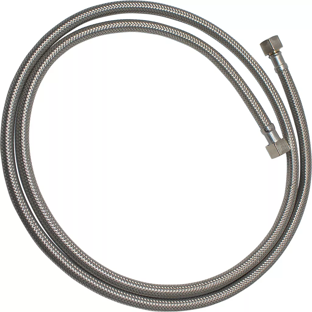 The VBM TUBIFLINLUAL Stainless Steel Braided Long Hose features hexagonal fittings at both ends and is ideal for plumbing or appliance connections. © 2025 1st-line.com