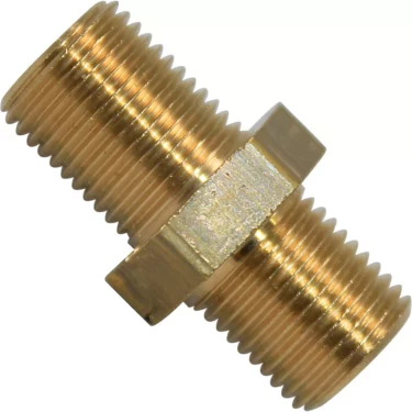 The VBM TUBIP18X18AZ Niplex 1/8Mx1/8M is a brass pipe fitting with male threads on both ends and a hexagonal center for wrench tightening. © 2025 1st-line.com