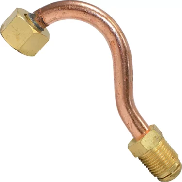 The VBM TUBIP550 Group Right Inlet Tube is a bent copper tube with brass fittings: a hex nut on one end and a threaded male connector on the other. © 2025 1st-line.com