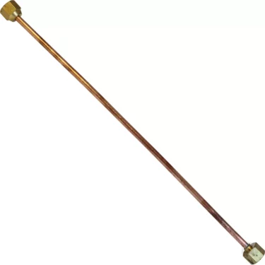 The VBM TUBIP605 Tube Connection from Bypass to Coffee Boiler is a copper pipe with brass fittings at both ends, shown diagonally on a white background. © 2025 1st-line.com