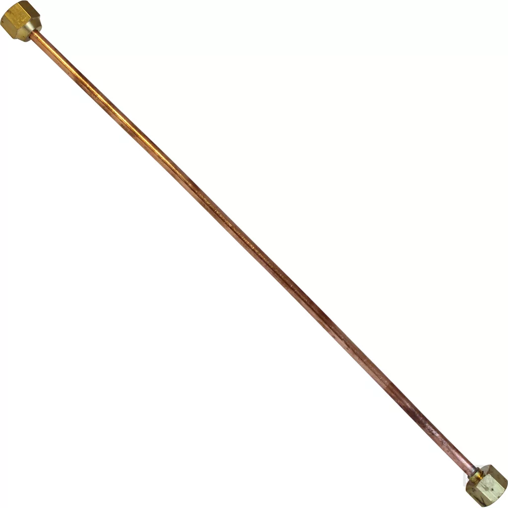 The VBM TUBIP605 Tube Connection from Bypass to Coffee Boiler is a copper pipe with brass fittings at both ends, shown diagonally on a white background. © 2025 1st-line.com
