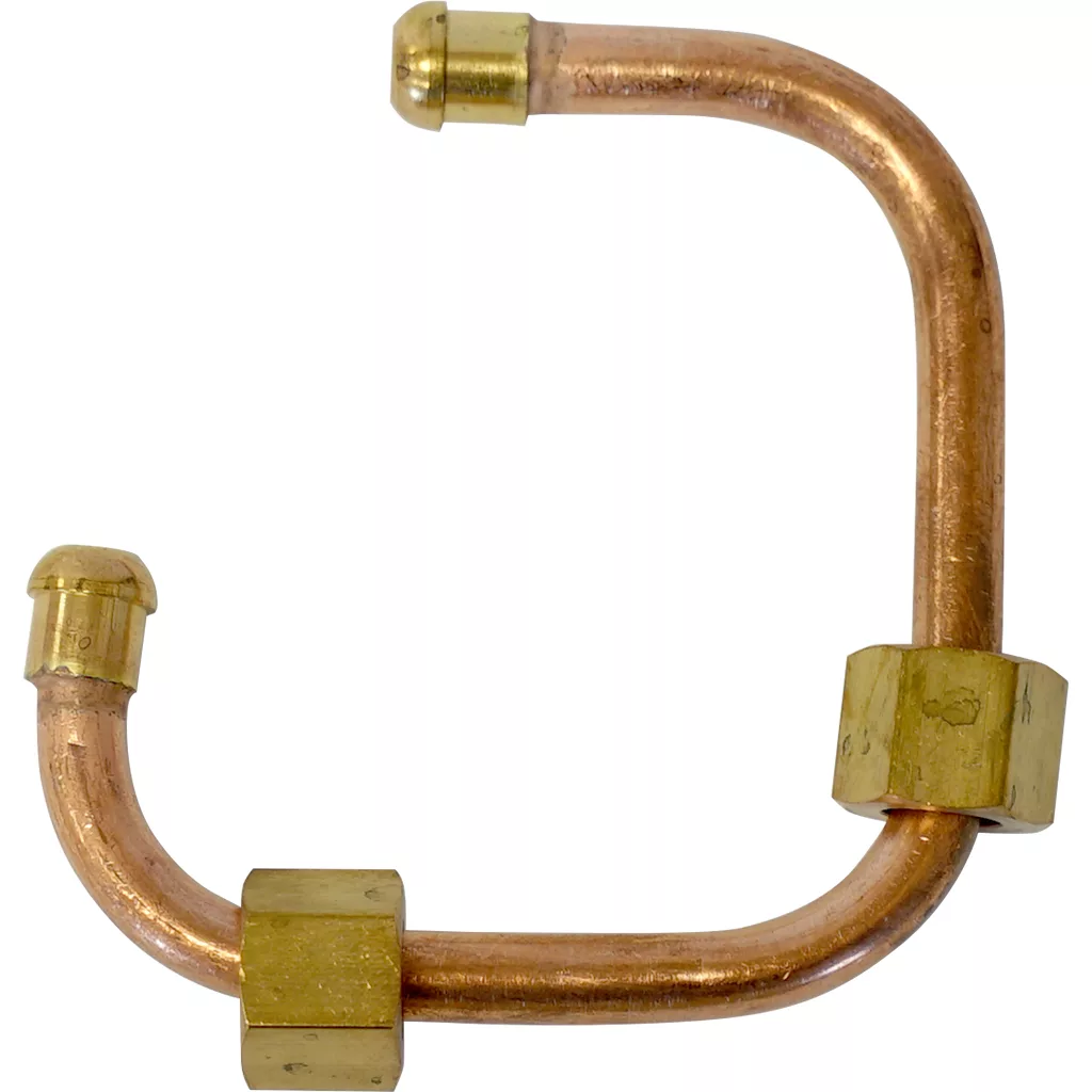The VBM TUBIP730 Tube from Dosing to Injector is a copper U-shaped pipe with brass fittings and caps on each end, commonly used as a dosing or injector tube, shown against a white background. © 2025 1st-line.com