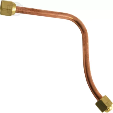 The VBM TUBIP736 Tube from Flange to Solenoid Valve P736 CQ is a bent copper pipe with brass fittings on both ends, shaped like an uneven Z. © 2025 1st-line.com
