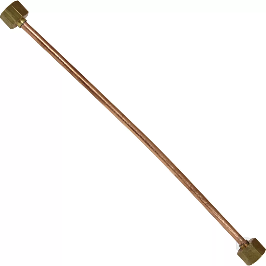 The VBM TUBIP737 Steam Boiler to Hot Water Valve Tube/Pipe features brass compression fittings on both ends and is shown diagonally on a white background. Ideal for connecting steam boilers to hot water valves. © 2025 1st-line.com