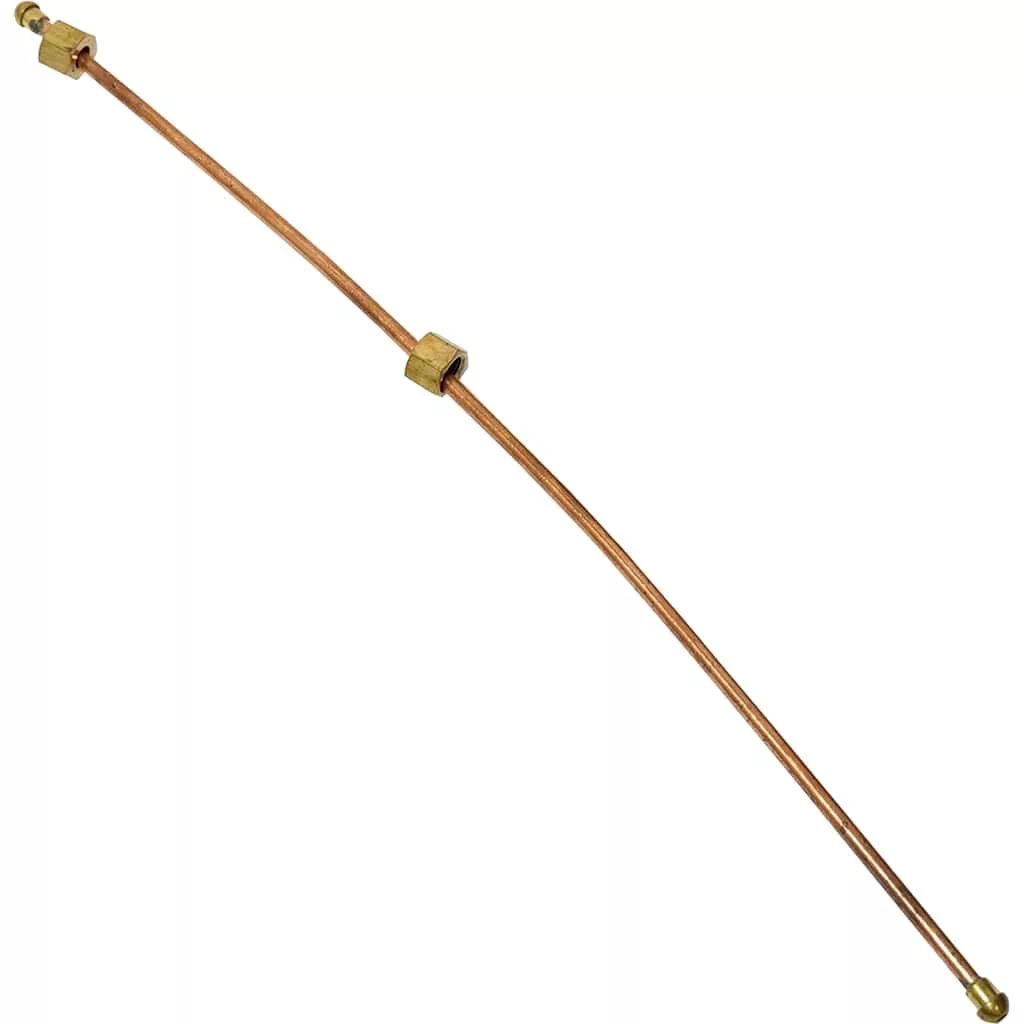 The VBM TUBIP802 Tube Connection from Boiler to Water Tap is a thin copper tube with brass fittings and a central hexagonal nut, suitable for connecting the boiler to the water tap, shown on a white background. © 2025 1st-line.com