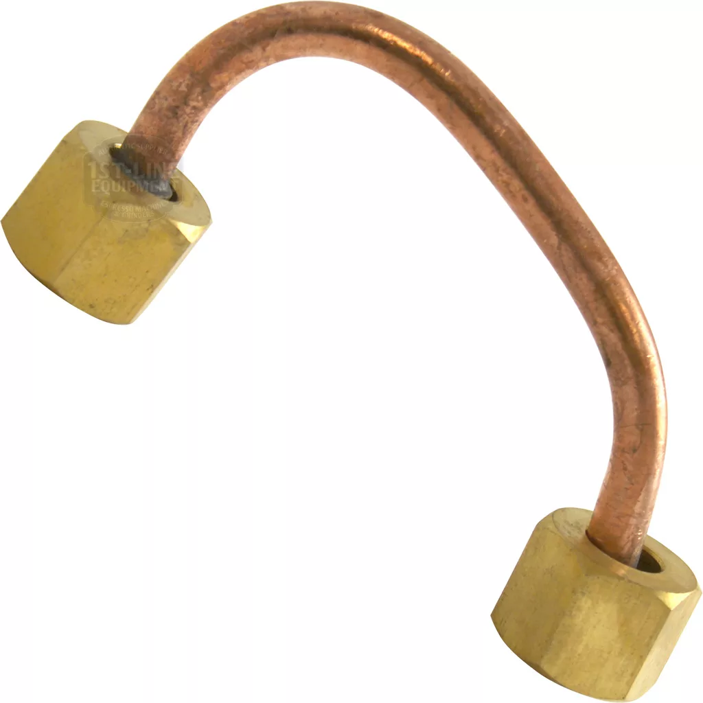 The VBM TUBIP850 Solenoid Valve Tube is a curved copper pipe with hexagonal brass fittings on both ends, designed for secure plumbing or gas line connections. © 2025 1st-line.com