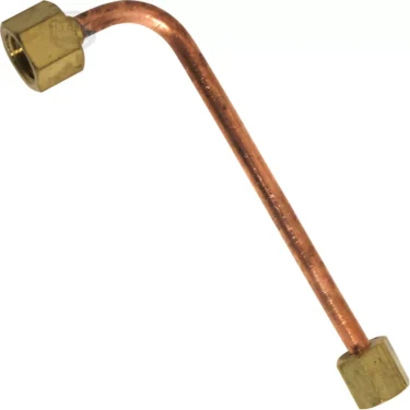 The VBM TUBIP874 is a bent copper tube pipe with brass fittings on both ends, designed to connect a solenoid valve to a steam boiler in various plumbing and steam system applications. © 2025 1st-line.com