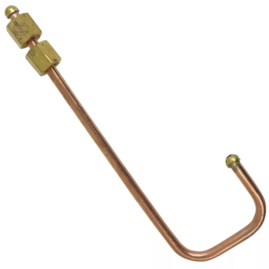 The VBM TUBIP878 Tube Connection features a bent copper pipe with brass fittings and capped tip, forming an L-shape ideal for boiler to bypass applications. Compatible with VBM TUBIP878. © 2025 1st-line.com