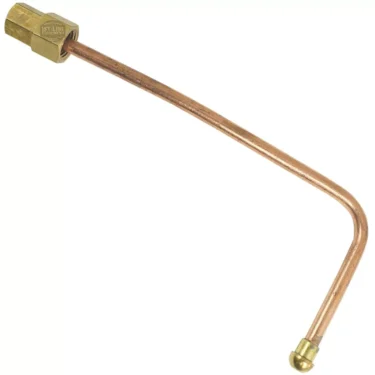 The VBM TUBIP879 is a bent copper pipe with a brass fitting on one end and a rounded cap on the other, designed for connecting a boiler to a solenoid valve in plumbing, refrigeration, or boiler systems. © 2025 1st-line.com