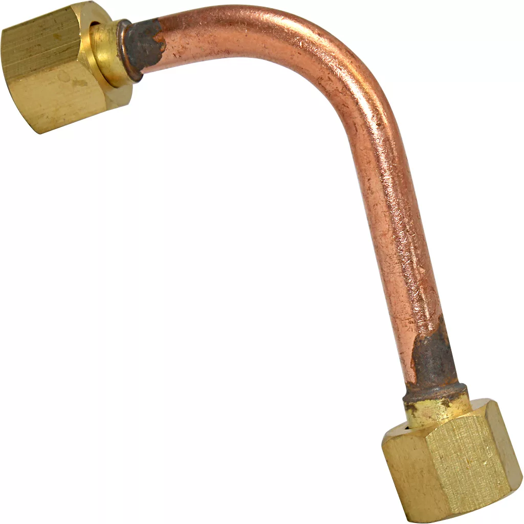 The VBM TUBIP880 Tube Connection from Boiler to Steam Tap is a bent copper pipe with brass hexagonal fittings on both ends, designed for plumbing or HVAC use and pictured against a white background. © 2025 1st-line.com