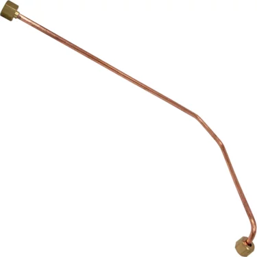 The VBM TUBIP888 Tube Connection from Boiler to Water Tap is a bent copper pipe with brass fittings on both ends, pictured on a white background. © 2025 1st-line.com