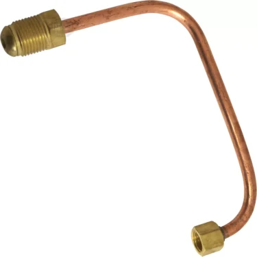 The VBM TUBIP900KI Coffee Boiler to Grouphead Outlet Tube is a bent copper pipe with brass fittings—featuring a larger hex nut and threaded connector—used for grouphead outlet in coffee boilers or HVAC systems. © 2025 1st-line.com