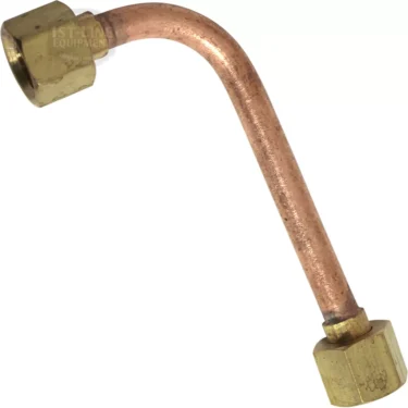 The VBM TUBIP930 Steam Boiler to Steam Valve Tube/Pipe is a bent copper pipe with brass hexagonal fittings on both ends, shown against a plain white background. © 2025 1st-line.com