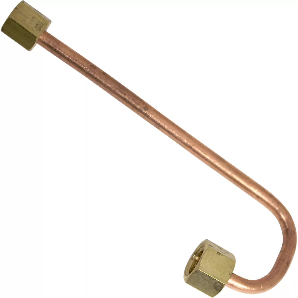 The VBM TUBIP939BIS Steam Boiler to Pump Charging Tube/Pipe is a bent copper pipe with brass hexagonal fittings on both ends, commonly used for plumbing, HVAC connections, and steam boiler systems. © 2025 1st-line.com