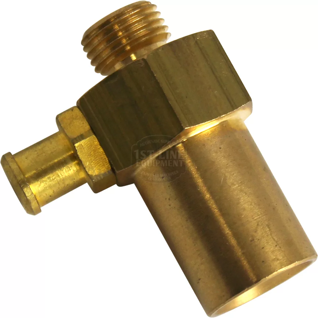 The VBM VALVCONTRPROT Autoprime/Air Release Valve features a brass fitting with a threaded end and smooth cylindrical attachment, ideal for connecting pipes or hoses in plumbing or industrial systems for efficient performance. © 2025 1st-line.com