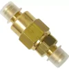 The VBM VALVNORITDOM No Return / Check Valve 1/8M is a brass inline fuel filter with a hexagonal center for tightening, 1/8M threaded ends capped with clear plastic protectors, and an integrated check valve for reliability. © 2025 1st-line.com