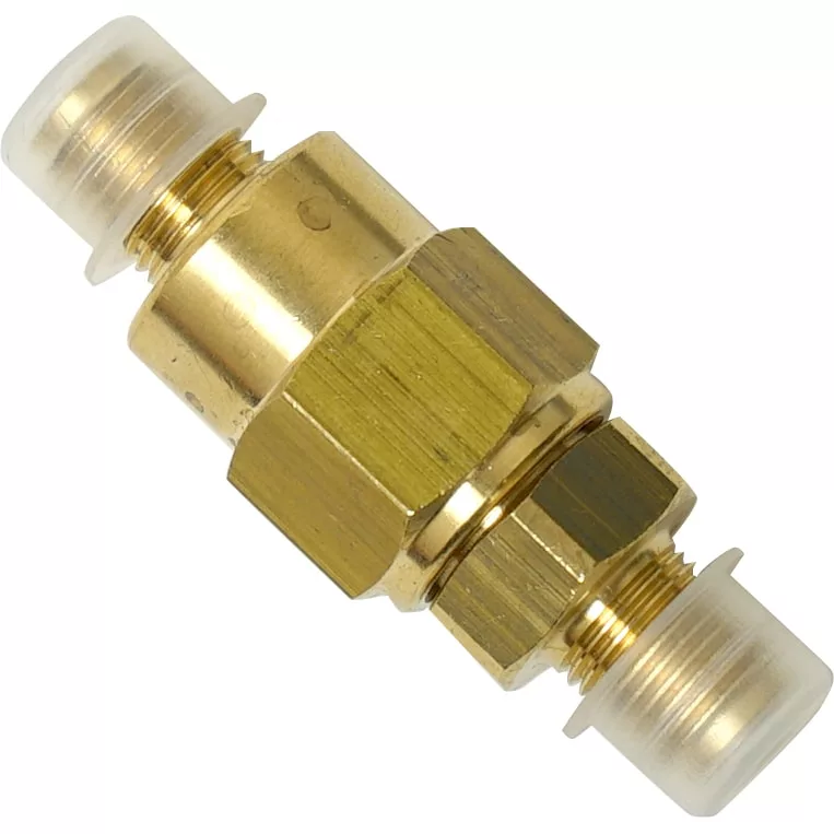 The VBM VALVNORITDOM No Return / Check Valve 1/8M is a brass inline fuel filter with a hexagonal center for tightening, 1/8M threaded ends capped with clear plastic protectors, and an integrated check valve for reliability. © 2025 1st-line.com