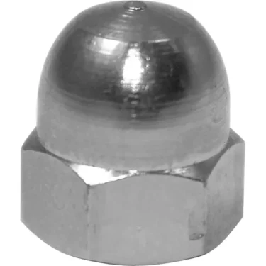 The VBM VITEDACE6MAIN Grouphead Lever Nut is a shiny, silver acorn nut with a domed top and hex base, ideal for covering exposed bolt threads in mechanical or automotive uses. © 2025 1st-line.com