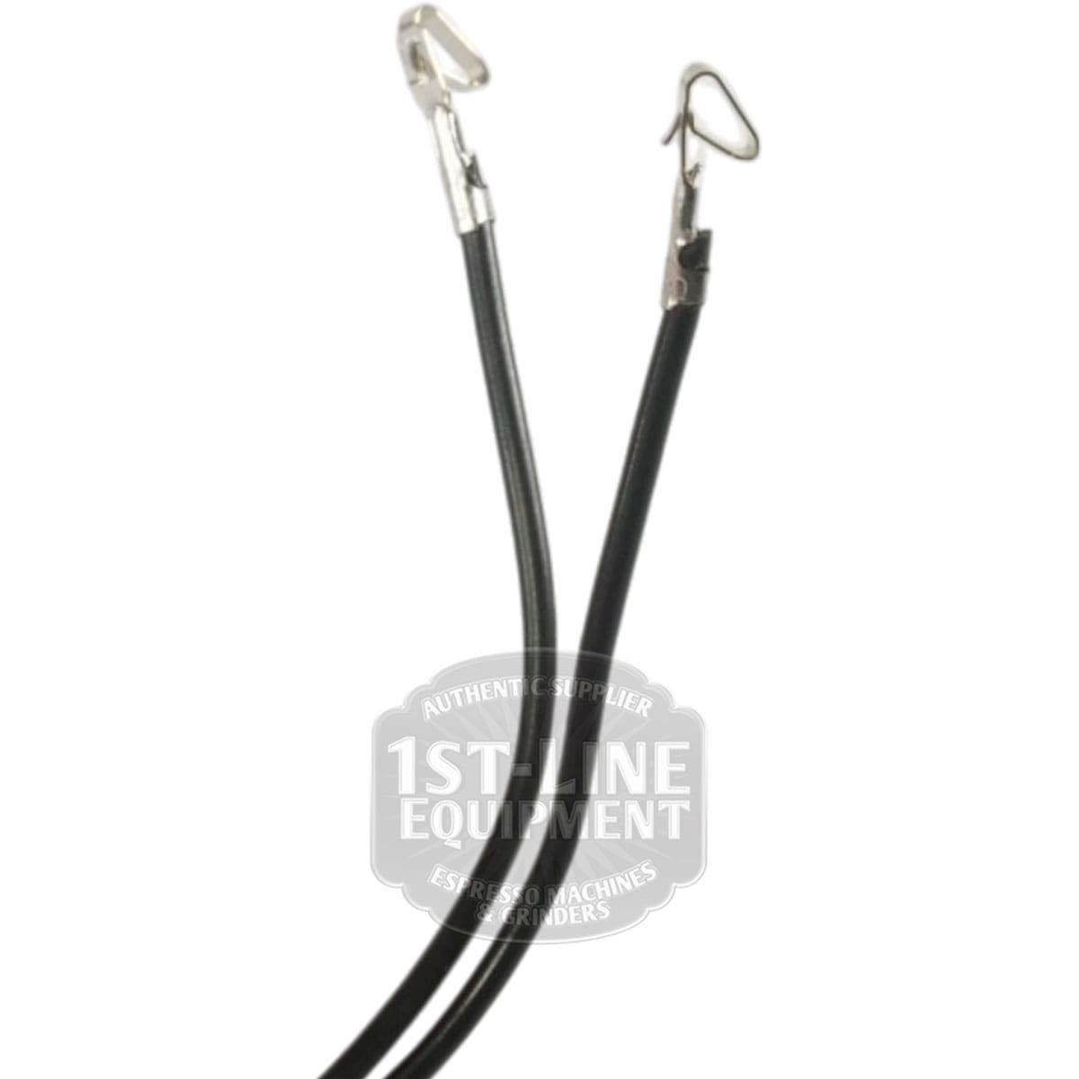 Two black electrical wires with metal forked connectors are closely positioned on a white background, with the 1st-Line Equipment watermark near the center. These wires are compatible with the Ascaso I.2548 Water Level Sensor. © 2025 1st-line.com