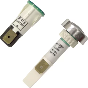 Two cylindrical fuses with metal connectors and green-tipped ends, as used in Grimac Green Lamp assemblies, are shown from different angles. One fuse is clearly labeled with its voltage and ampere ratings. © 2025 1st-line.com