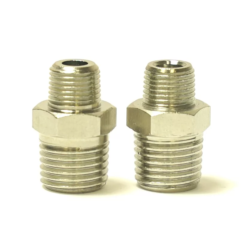 Two ECM C229900519 Straight Fitting 1/4 x 1/8 metal threaded pipe fittings with hexagonal centers stand upright side by side on a plain white background. © 2025 1st-line.com